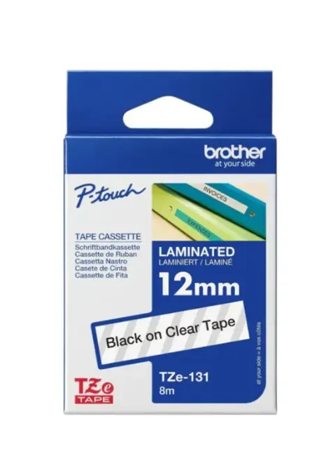 Brother TZe-131 Label Tape Cassette – 12mm Black on Clear – Laminated P-touch Tape