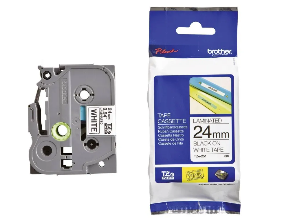 Brother TZe-251 Label Tape Cassette – 24mm Black on White – Laminated P-touch Tape