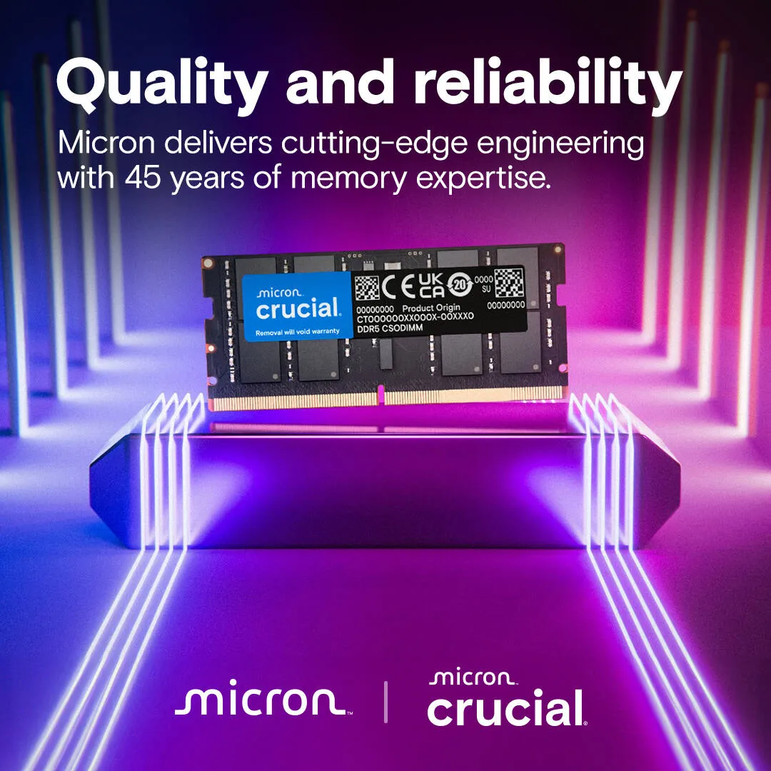 Crucial DDR5 CSODIMM Laptop Memory, 32GB Capacity, 6400 MHz Memory Speed, CL52 CAS Latency, 262-Pin SO-DIMM, Unbuffered DIMM Type, Black | CT32G64C52CS5 5