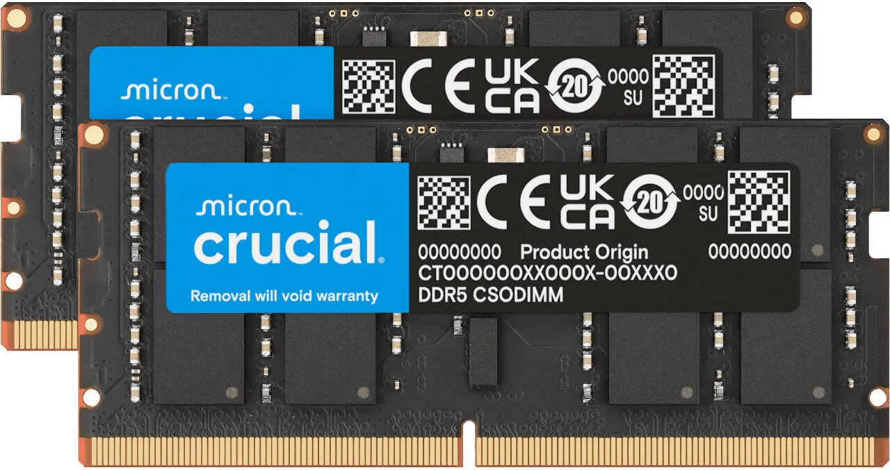 Crucial DDR5 CSODIMM Laptop Memory, 64GB (2x 32 GB) Capacity, 6400 MHz Memory Speed, CL52 CAS Latency, 262-Pin SO-DIMM, Unbuffered DIMM Type, Black | CT2K32G64C52CS5