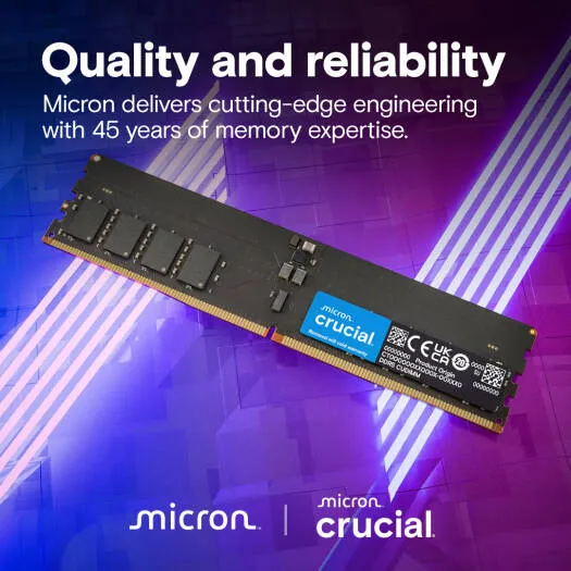 Crucial DDR5 UDIMM Desktop Memory, 32GB Capacity, 6400 MHz Memory Speed, CL52 CAS Latency, 1.1 Voltage, Unbuffered, Non-ECC | CT32G64C52CU5 5