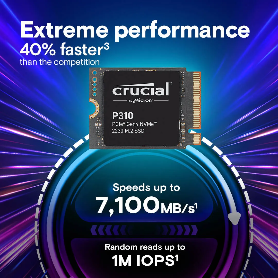 Crucial P310 1TB PCIe Gen4 NVMe 2230 M.2 Internal SSD, Up to 6000 Mb/s Sequential Write & 7100 Mb/s Sequential Read, 220 TBW SSD Endurance, Black | CT1000P310SSD2