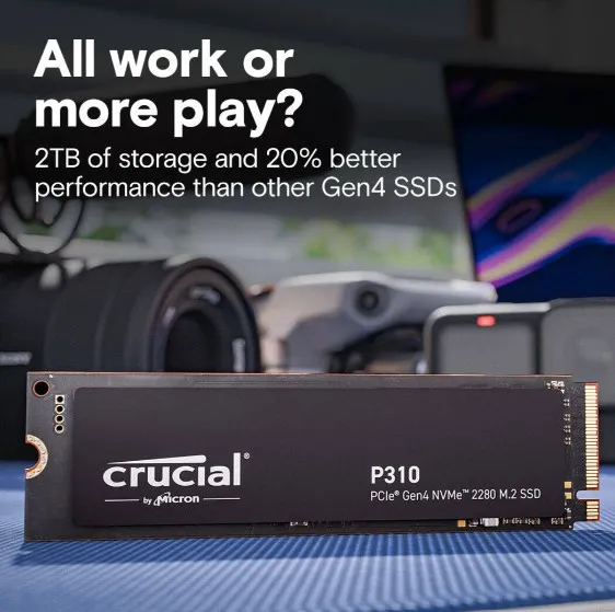 Crucial P310 1TB PCIe Gen4 NVMe 2280 M.2 SSD, PCIe Gen 4 x4 speeds 7100MB/s Read, 6000MB/s Write, M.2 2280 Form Factor, 1TB Capacity | CT1000P310SSD8 3