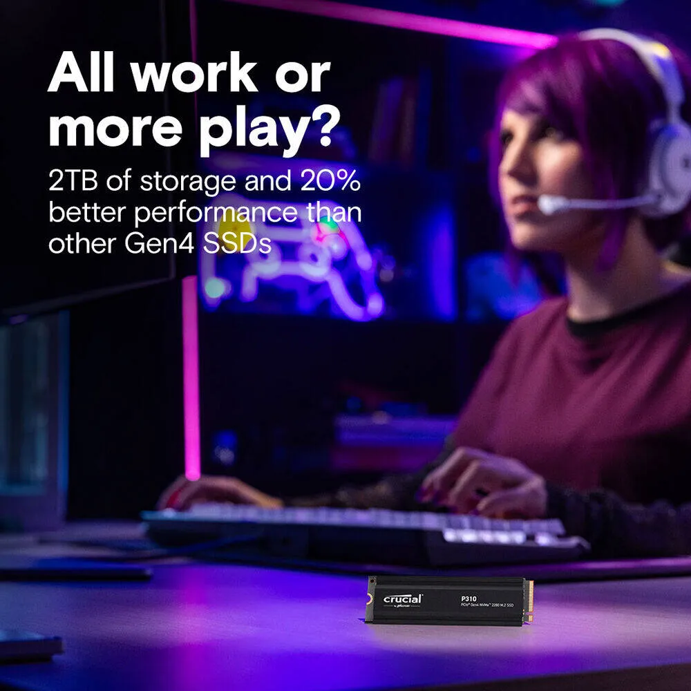 Crucial P310 Internal SSD with Heatsink, 2TB Storage Capacity, M.2 2280 Form Factor, PCIe 4.0 Interface, Up to 7100 MB/s Sequential Read & 6000 MB/s Sequential Write Speed, Black | CT2000P310SSD5