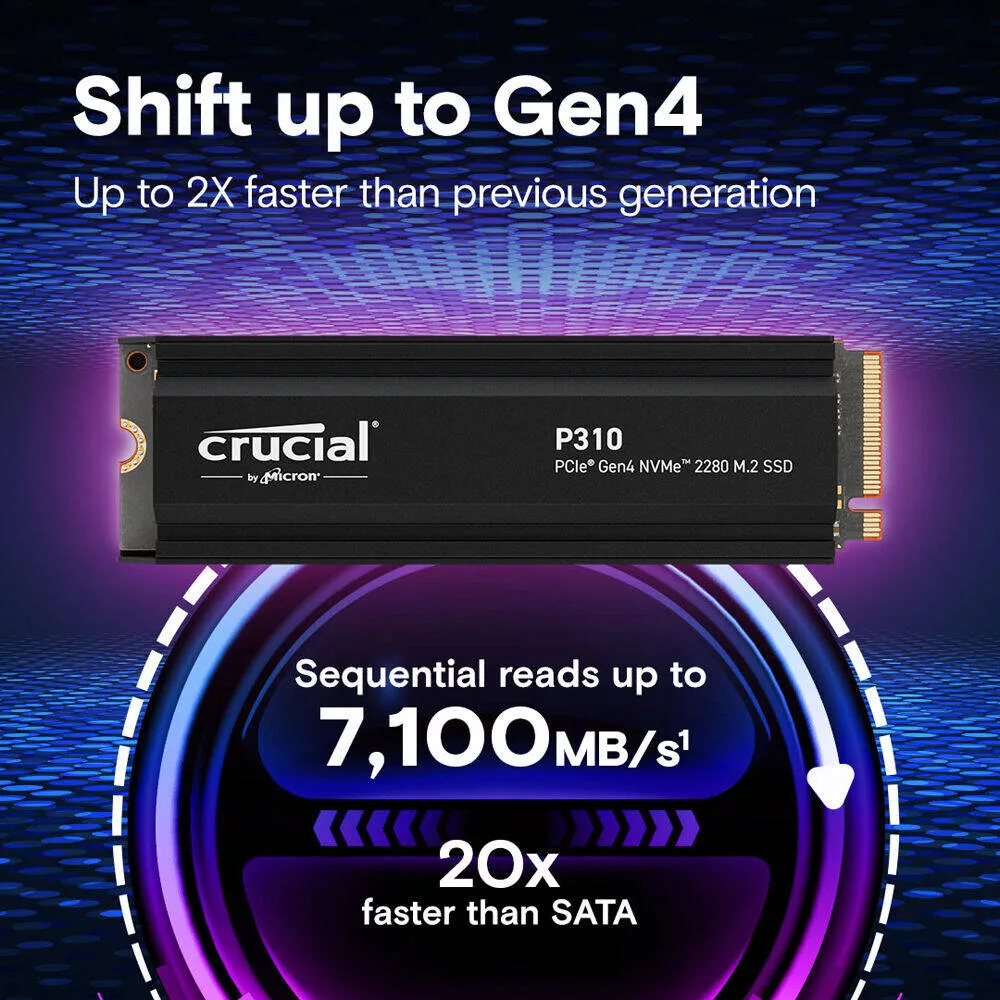 Crucial P310 Internal SSD with Heatsink, 2TB Storage Capacity, M.2 2280 Form Factor, PCIe 4.0 Interface, Up to 7100 MB/s Sequential Read & 6000 MB/s Sequential Write Speed, Black | CT2000P310SSD5 3