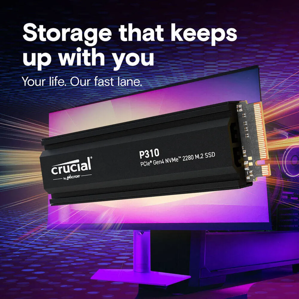 Crucial P310 Internal SSD with Heatsink, 2TB Storage Capacity, M.2 2280 Form Factor, PCIe 4.0 Interface, Up to 7100 MB/s Sequential Read & 6000 MB/s Sequential Write Speed, Black | CT2000P310SSD5 4