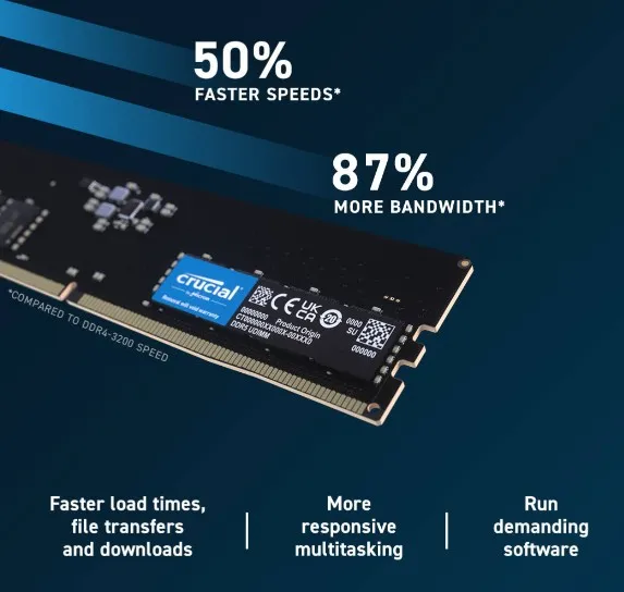 Crucial UDIMM Desktop Memory, 16GB Capacity, DDR5-5600 Speed, 46-45-45 JEDEC, 1.1 Voltage, Unbuffered | CT16G56C46U5 2