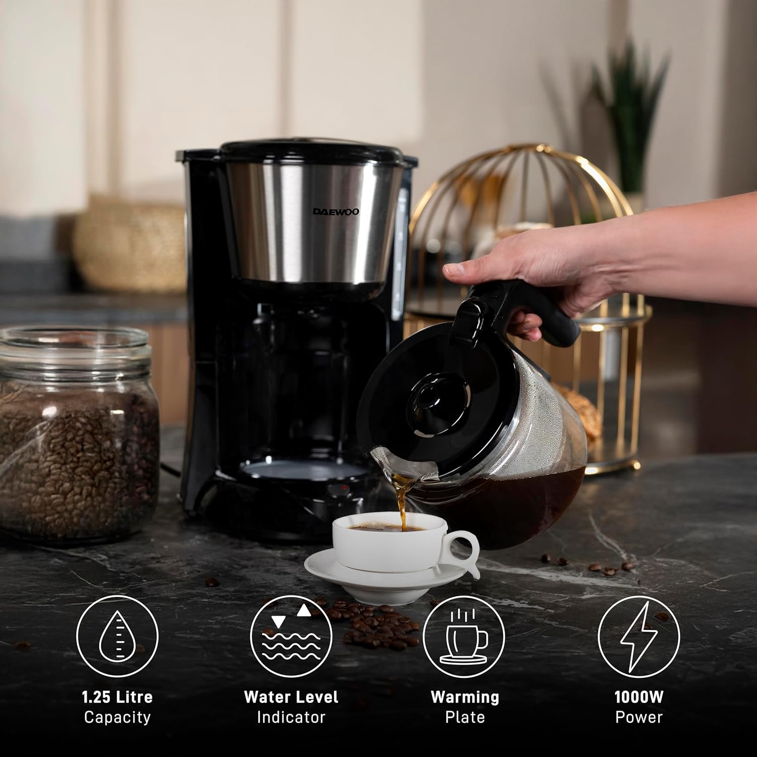 Daewoo 1.25L Programmable Drip Coffee Maker, 1000W Filter Coffee Machine, 10–12 Cup Glass Carafe, Water-Level Indicator, Keep-Warm Plate, Auto Shut-Off, Boil-Dry Protection, Anti-Drip Function, Black – DCM-337B 3