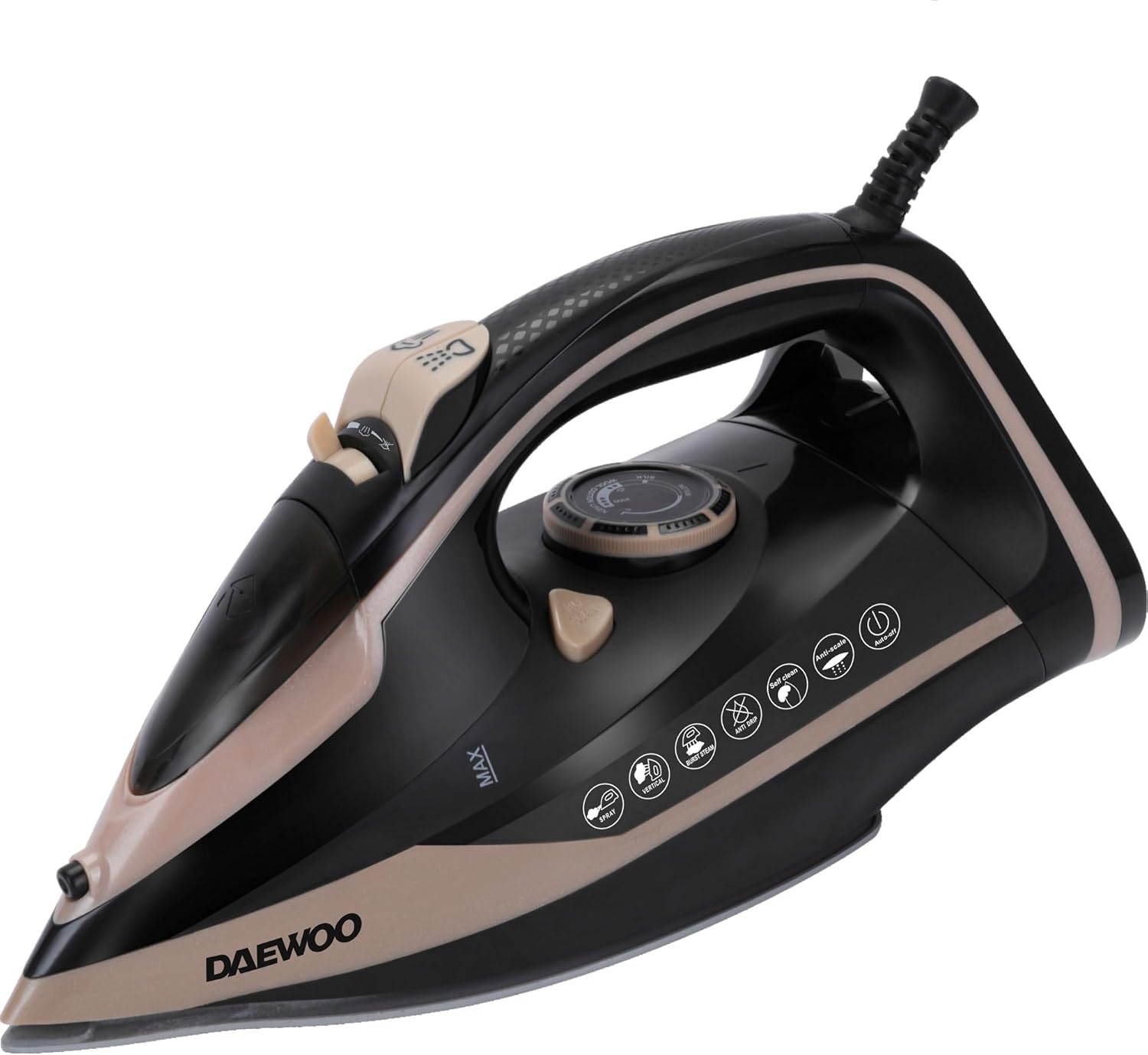 Daewoo DSI-6291 Steam Iron, 2400W, 320ml Water Tank, Multi-Directional Ceramic-Coated Soleplate, Vertical Steam, Steam Burst, Spray, Anti-Drip, Anti-Calc, Self-Clean, Auto Shut-Off and Overheat Protection, Black/Brown – 2-Year Warranty