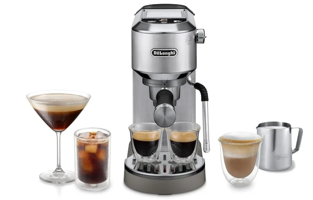 De'Longhi Dedica Duo – Perfetto Compact Manual Espresso Maker with Manual Milk Frother, for Espresso, Cappuccino and Cold Brew, Colour Touch Icons, Width 15 cm, Metal (EC890.M)