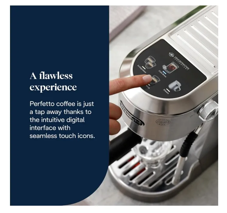 De'Longhi Dedica Duo – Perfetto Compact Manual Espresso Maker with Manual Milk Frother, for Espresso, Cappuccino and Cold Brew, Colour Touch Icons, Width 15 cm, Metal (EC890.M)