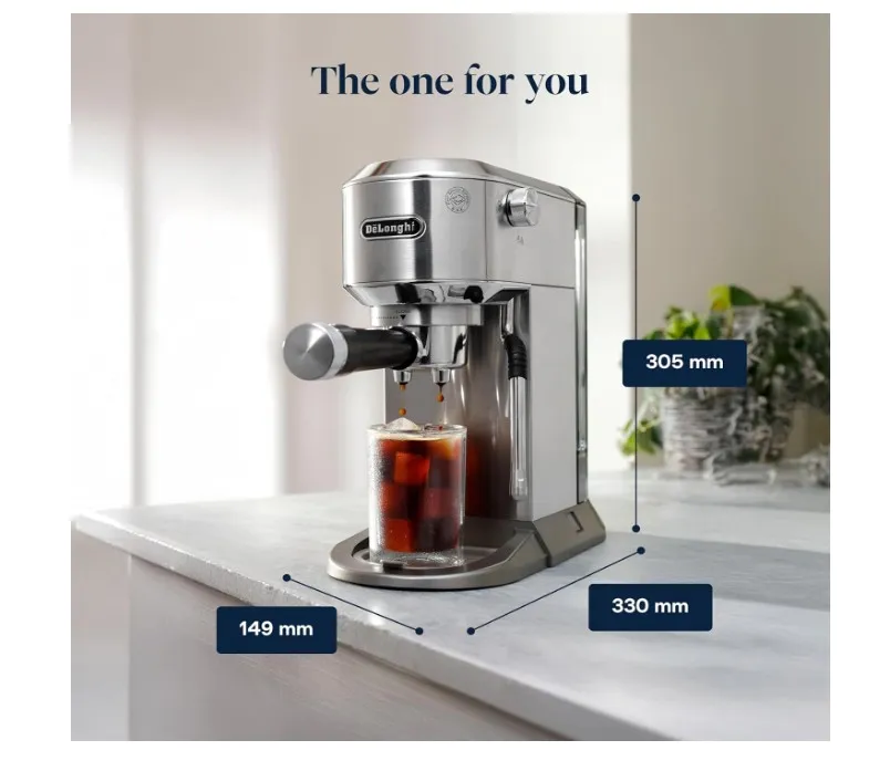 De'Longhi Dedica Duo – Perfetto Compact Manual Espresso Maker with Manual Milk Frother, for Espresso, Cappuccino and Cold Brew, Colour Touch Icons, Width 15 cm, Metal (EC890.M) 5