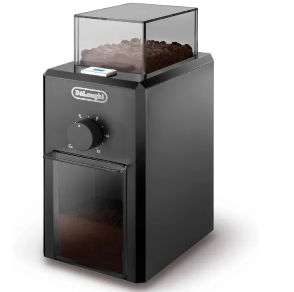 De'Longhi Electric Coffee Grinder, 110W, Burr Grinding System, 12 Settings, Stainless Steel Blade, 12 Cup Capacity, 120g Bean Container, Removable Transparent Lid – KG79, Black