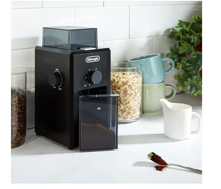 De'Longhi Electric Coffee Grinder, 110W, Burr Grinding System, 12 Settings, Stainless Steel Blade, 12 Cup Capacity, 120g Bean Container, Removable Transparent Lid – KG79, Black