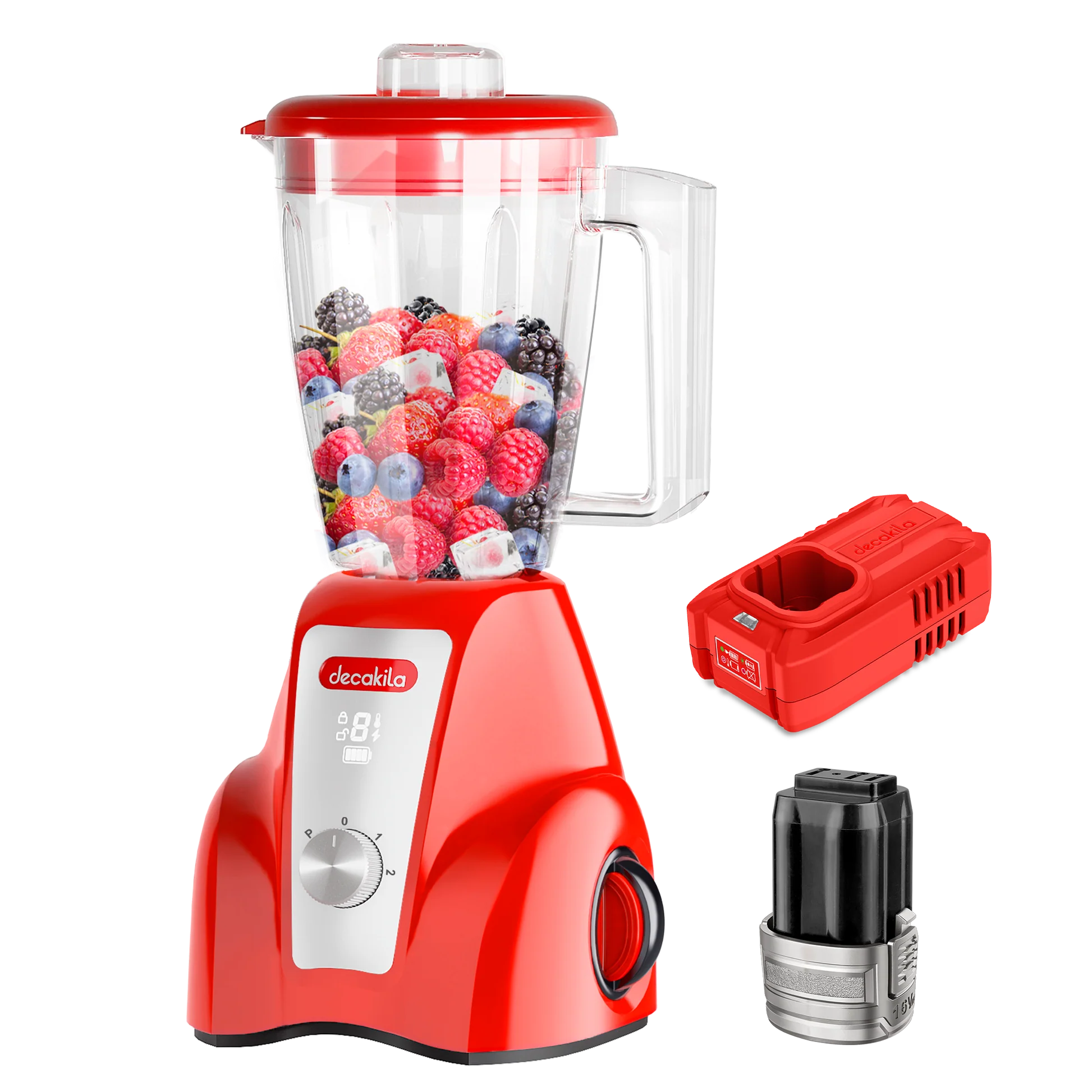 DECAKILA KEJB051R Cordless Stand Blender, 300W Rechargeable Blender, 1.5L Large Capacity Jug, 16V 2000mAh Battery, 2-Speed Control with Pulse Function, 4 Stainless-Steel Blades, LED Battery Display, Cordless Operation – Red