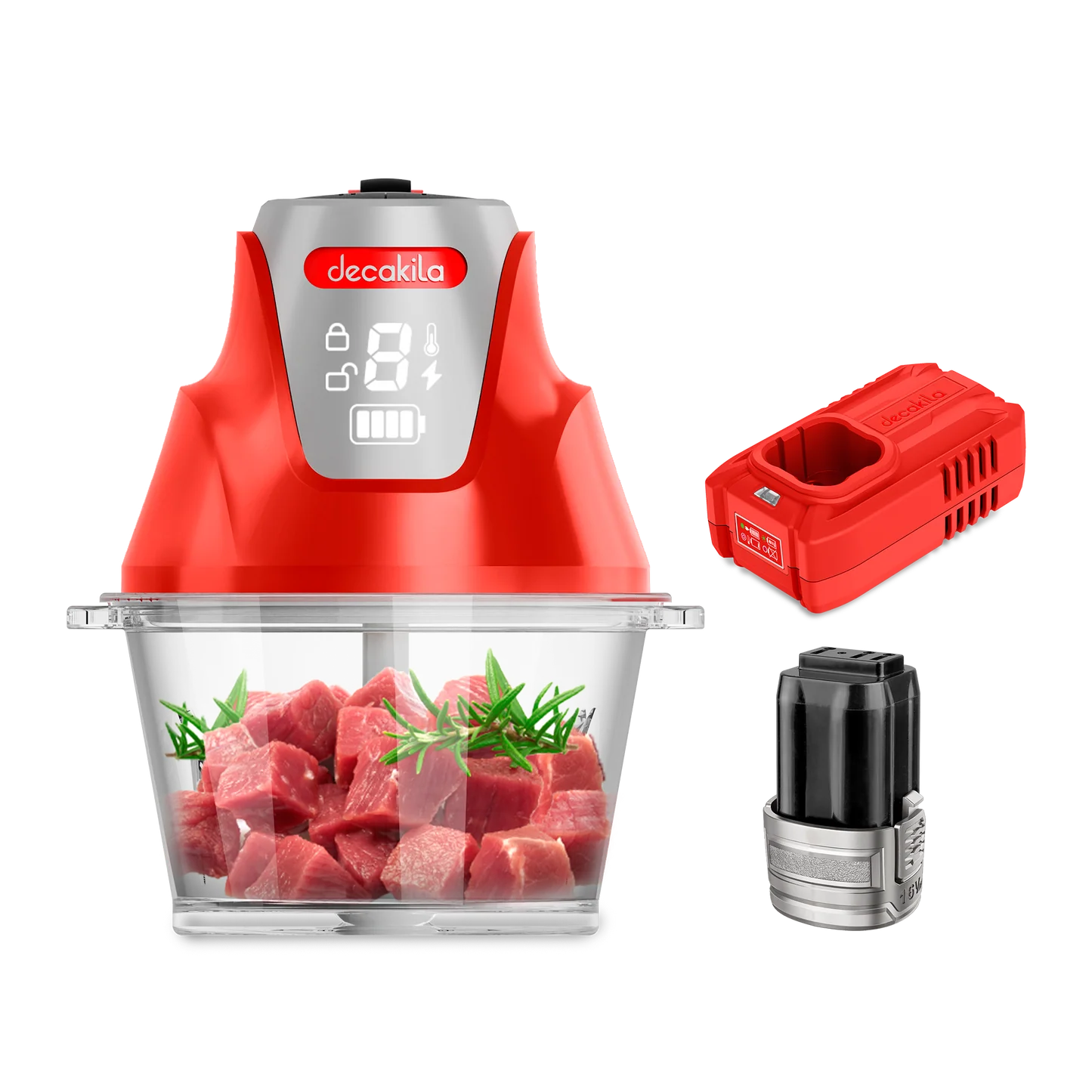 DECAKILA KEMG029R Cordless Food Chopper 200W, 16V Rechargeable Battery, 2000mAh Battery, 2L Glass Bowl, 2-Speed Control, Stainless-Steel Detachable Blades, LED Display, Cordless Food Processor – Red