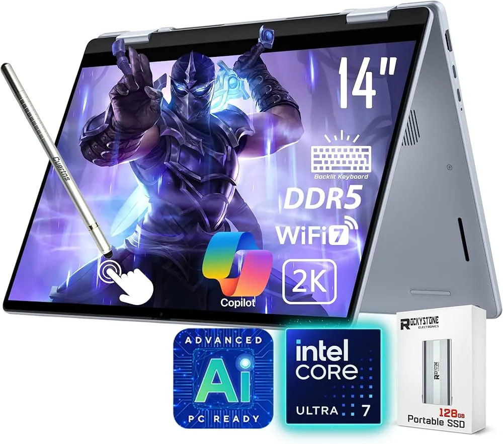 Dell 14 Plus 2-in-1 AI Ready Laptop, 14" 2K Touchscreen, Core Ultra 7 256V(>19-12900K), BOFMYHk Copilot+ PC, Backlit Keyboard, WiFi 7, Thunderbolt 4, Windows 11 Pro, Ice Blue(16GB 8533 MHz DDR5 RAM | 1TB SSD)