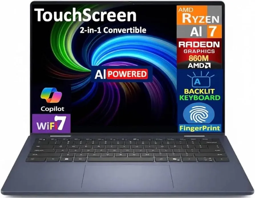 Dell 14 Plus 2-in-1 Personal Laptop, 2025, 14" 1920 x 1200 Touch, AMD Ryzen AI 7 350 8-Core, 16GB LPDDR5, 4TB SSD, Win11 Pro, Backlit Keyboard, Wi-Fi 7, BT 5.4, 1080p + IR Camera, Midnight Blue