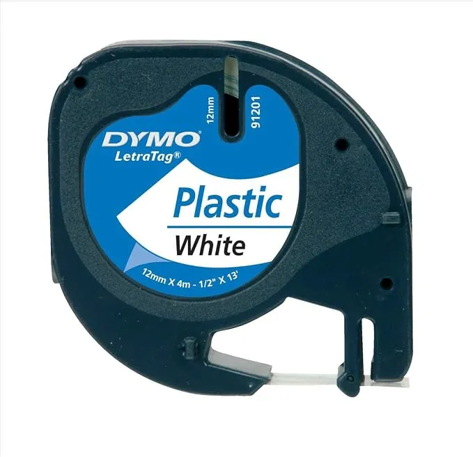 DYMO LetraTag 91201 Label Tape 12mm × 4m, Black Print on White Plastic Tape, Thermal Labeling Ribbon Cassette