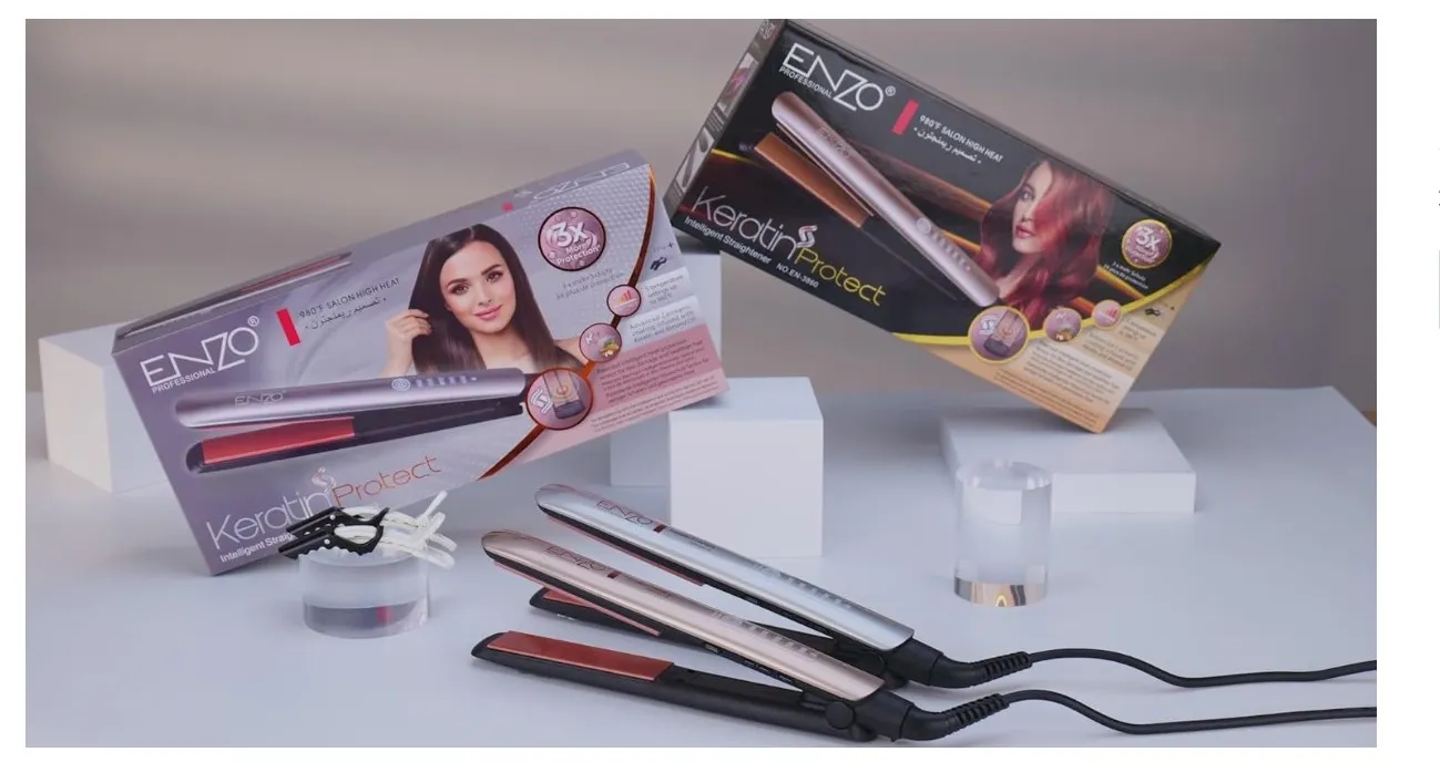 Enzo EN-3860 Keratin Protect Hair Straightener – Professional Ceramic Flat Iron with Adjustable Temperature & Anti-Frizz Technology - Intl Version-(Golden)