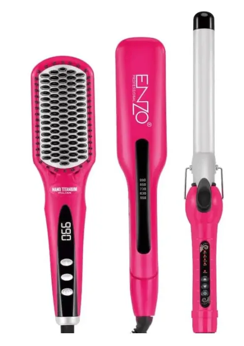 ENZO EN-3955W 3-in-1 Platinum Collection Hair Styling kit - Versatile Hot Air Brush, Straightener, and Curling Iron with Platinum Ceramic Technology-Intl Version (PINK) 2