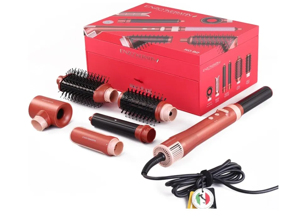 ENZO Keratin B2 6-in-1 BLDC Hair Styling Kit – 130,000 RPM Motor | Professional Hot Air Brush, Curling Rods & Volumizing Nozzles