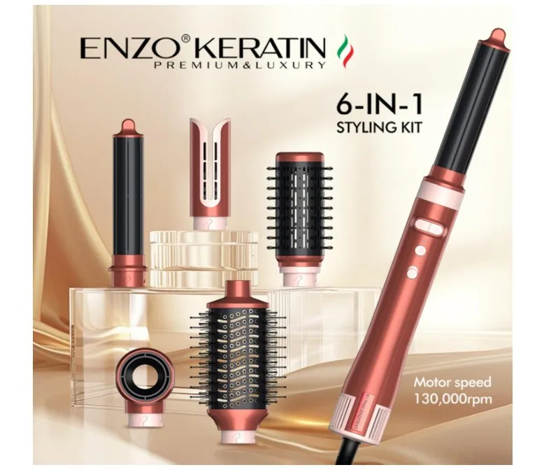 ENZO Keratin B2 6-in-1 BLDC Hair Styling Kit – 130,000 RPM Motor | Professional Hot Air Brush, Curling Rods & Volumizing Nozzles 4