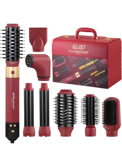 ENZO Professional 8-in-1 Hair Styling Set, Hot Air Brush with 1500W Motor, Multiple Attachments, Rose Gold