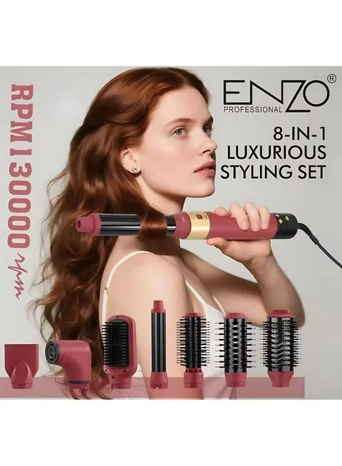 ENZO Professional 8-in-1 Hair Styling Set, Hot Air Brush with 1500W Motor, Multiple Attachments, Rose Gold