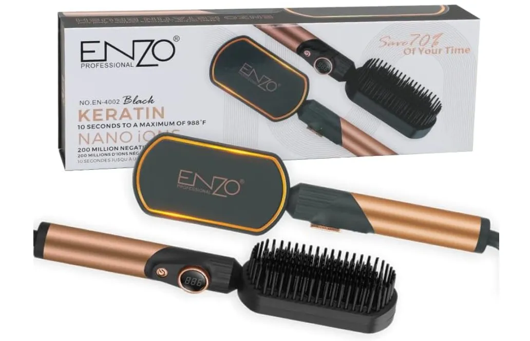ENZO Professional EN-4002 Hair Straightener Brush, Salon Styler Hair Dryer and Volumizer Ceramic Heating Ionic Hair Straightener Comb, Anti-Scalding - Intl Version - Black