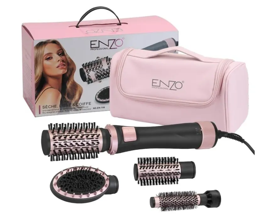 ENZO PROFESSIONAL EN-756 New 2025 Auto Multi Styling Set – 5-in-1 Hair Styler with Auto Rotating Technology, 3 Volumizing Brushes, Oval Massage Comb, Lightweight Motor With Soft Leather Travel Bag