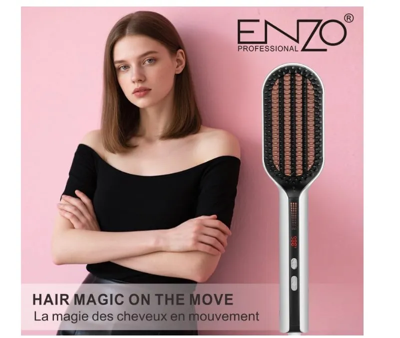 Enzo Professional Glam Hair EN-4100 Professional Heated Straightening Brush – Fast Heat-Up & Easy-Grip Design – Intl Version