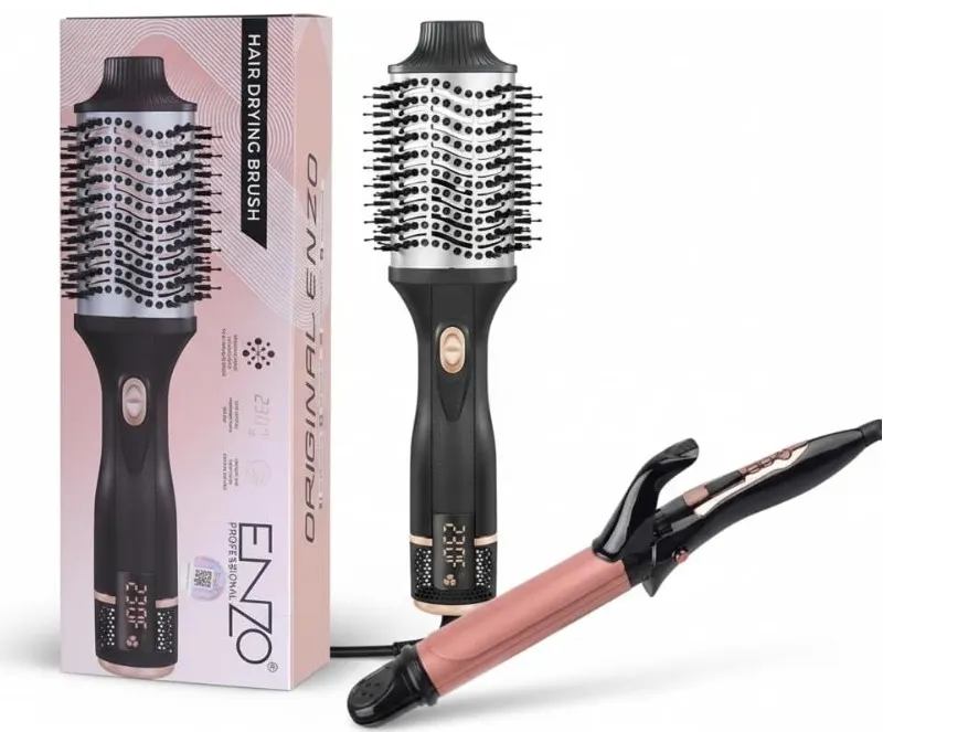 ENZO Professional Hair Styling Combo – EN-9107 2-in-1 Hair Curler & Straightener + EN-4135 4-in-1 Hot Air Brush Styler | Ionic Technology | All-in-One Salon Styling Kit - Intl Version
