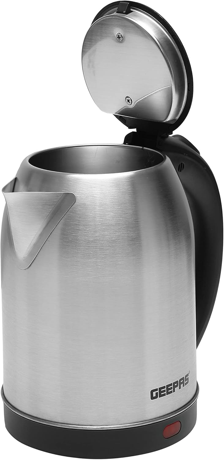 Geepas 1.8L Cordless Stainless Steel Electric Kettle, 1500W Fast Boiling, Concealed Heating Element, Automatic Shut-Off, Boil-Dry Protection, Safety-Lock Lid, 360° Swivel Base, Silver/Black – GK5466