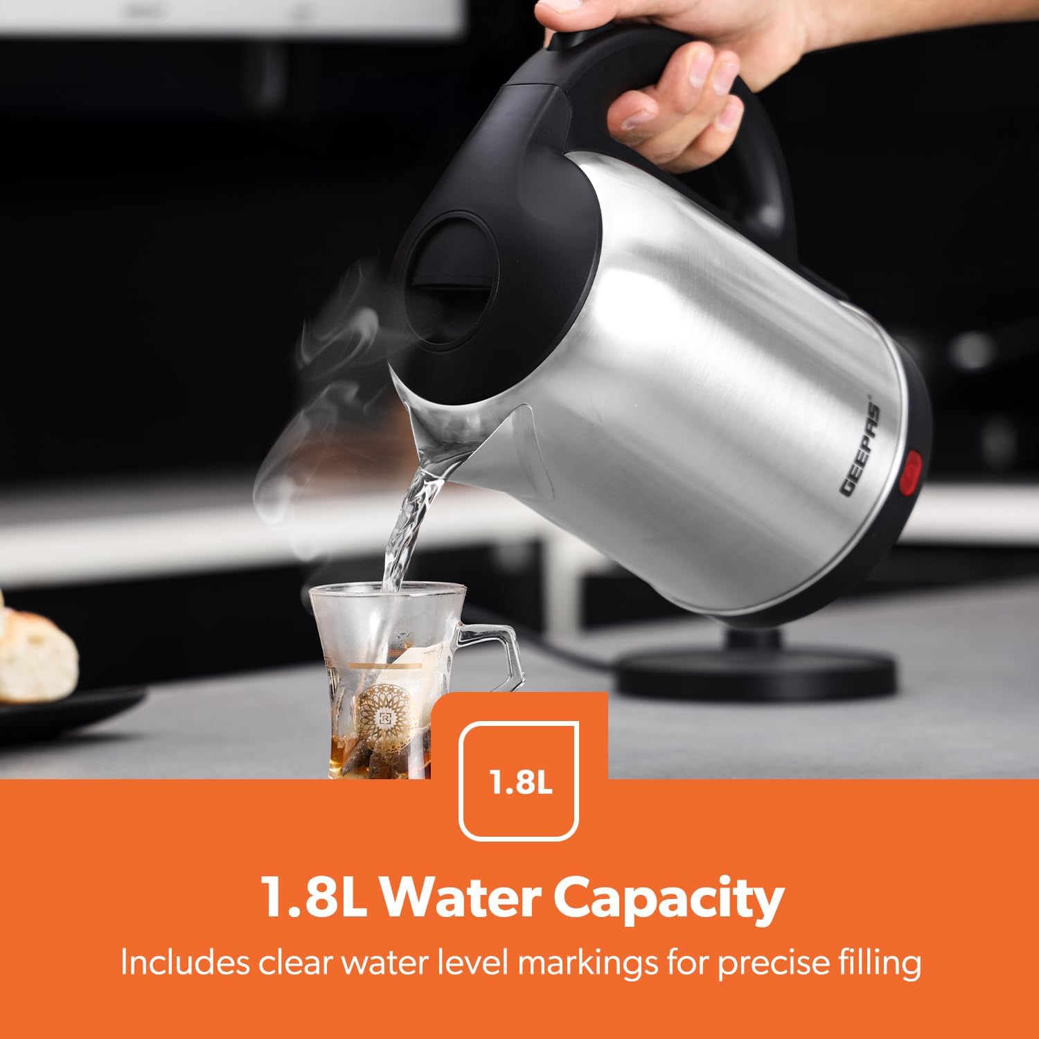 Geepas 1.8L Cordless Stainless Steel Electric Kettle, 1500W Fast Boiling, Concealed Heating Element, Automatic Shut-Off, Boil-Dry Protection, Safety-Lock Lid, 360° Swivel Base, Silver/Black – GK5466 4