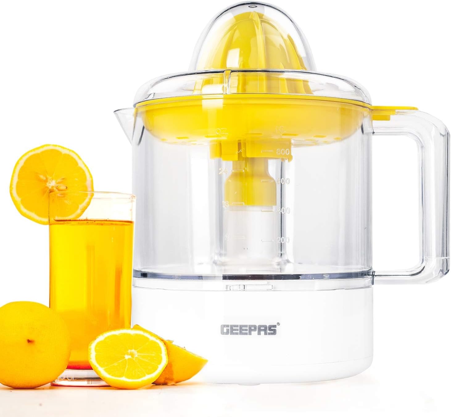 Geepas GCJ9900 Portable Electric Citrus Juicer, 1L Capacity, 25W Copper Motor, Two-Way Rotation, 2 Pressing Cones, Transparent Jar and Lid, Non-Slip Feet, Yellow/White – 2 Years Warranty