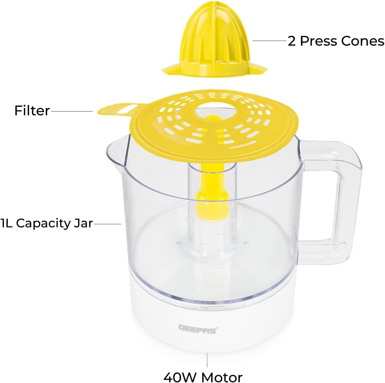 Geepas GCJ9900 Portable Electric Citrus Juicer, 1L Capacity, 25W Copper Motor, Two-Way Rotation, 2 Pressing Cones, Transparent Jar and Lid, Non-Slip Feet, Yellow/White – 2 Years Warranty