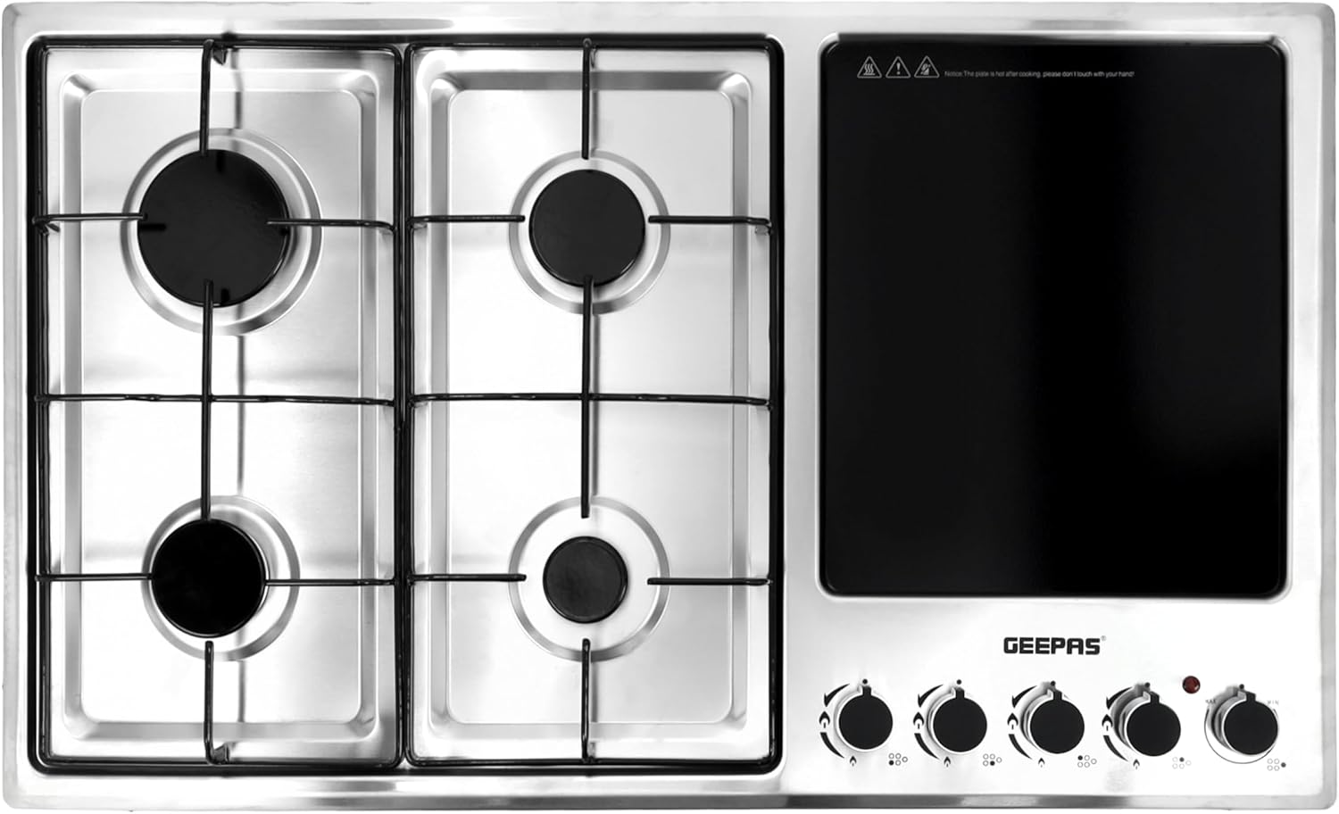 Geepas GGC31036 Built-In Gas and Electric Hob, 4 Gas Burners and 1 Ceramic Electric Hot Plate, Stainless Steel Panel, Automatic Ignition, Enamel Pan Supports, Metal Control Knobs, LPG Compatible, Black/Silver – 2 Years Manufacturer Warranty