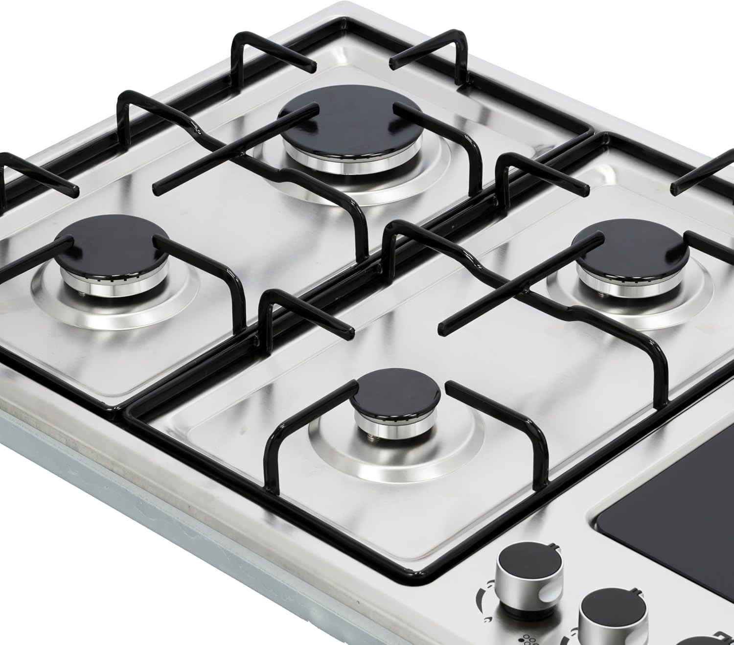 Geepas GGC31036 Built-In Gas and Electric Hob, 4 Gas Burners and 1 Ceramic Electric Hot Plate, Stainless Steel Panel, Automatic Ignition, Enamel Pan Supports, Metal Control Knobs, LPG Compatible, Black/Silver – 2 Years Manufacturer Warranty