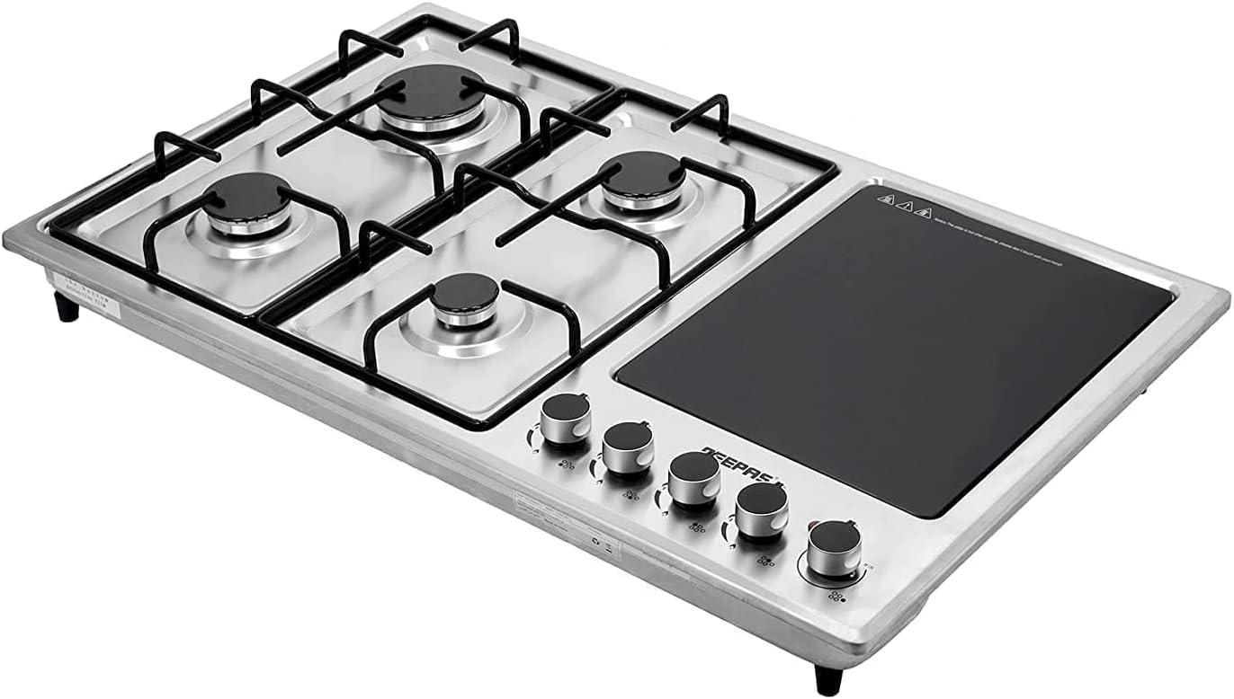 Geepas GGC31036 Built-In Gas and Electric Hob, 4 Gas Burners and 1 Ceramic Electric Hot Plate, Stainless Steel Panel, Automatic Ignition, Enamel Pan Supports, Metal Control Knobs, LPG Compatible, Black/Silver – 2 Years Manufacturer Warranty 3