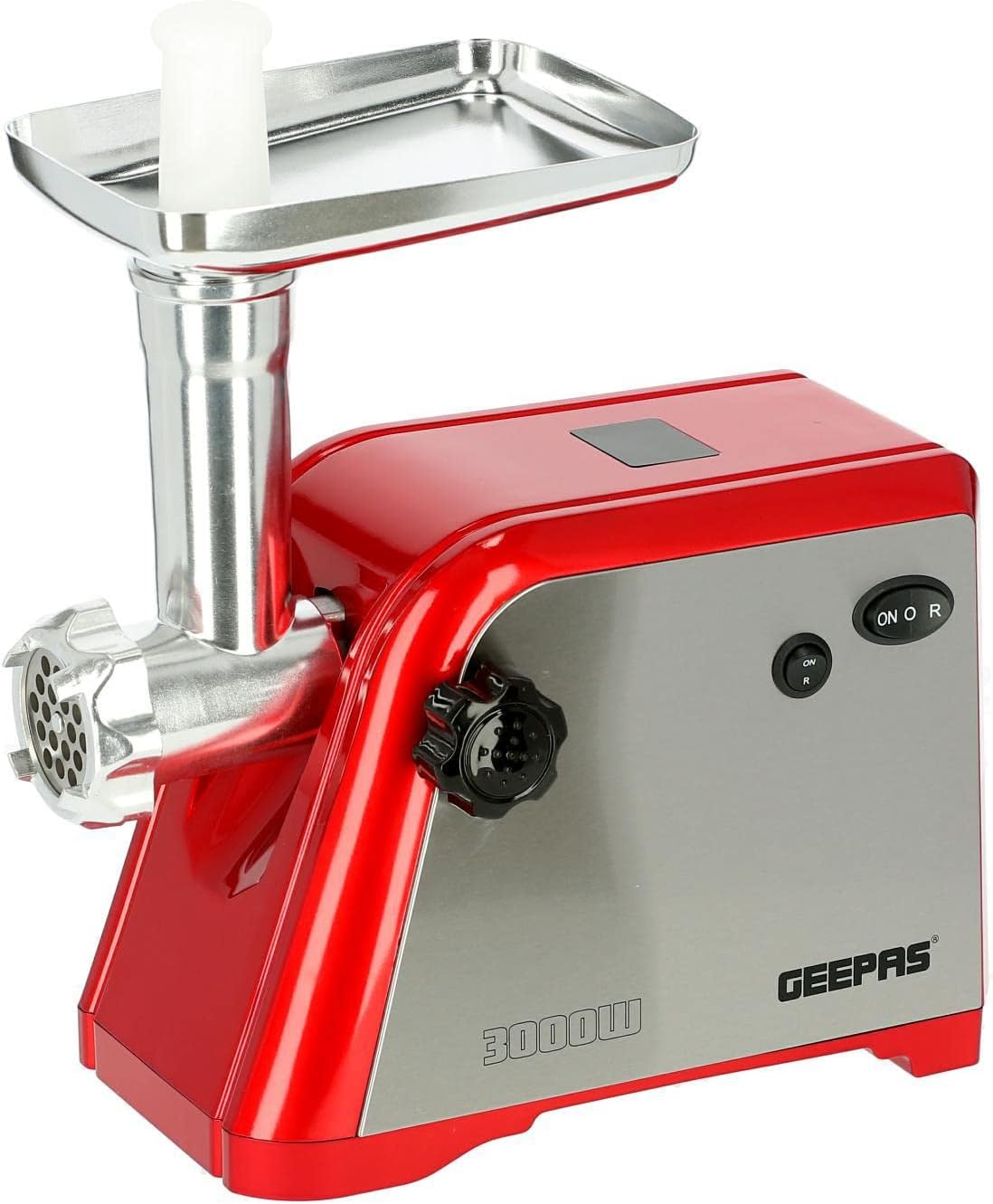 Geepas GMG1910 Electric Meat Grinder, 1600W Maximum Power, Full-Copper Motor, Aluminium Gearbox, Metal Gears, Reverse Function, 3 Stainless-Steel Cutting Plates, Sausage and Kubbe Accessories, Stainless-Steel Housing – 2-Year Warranty