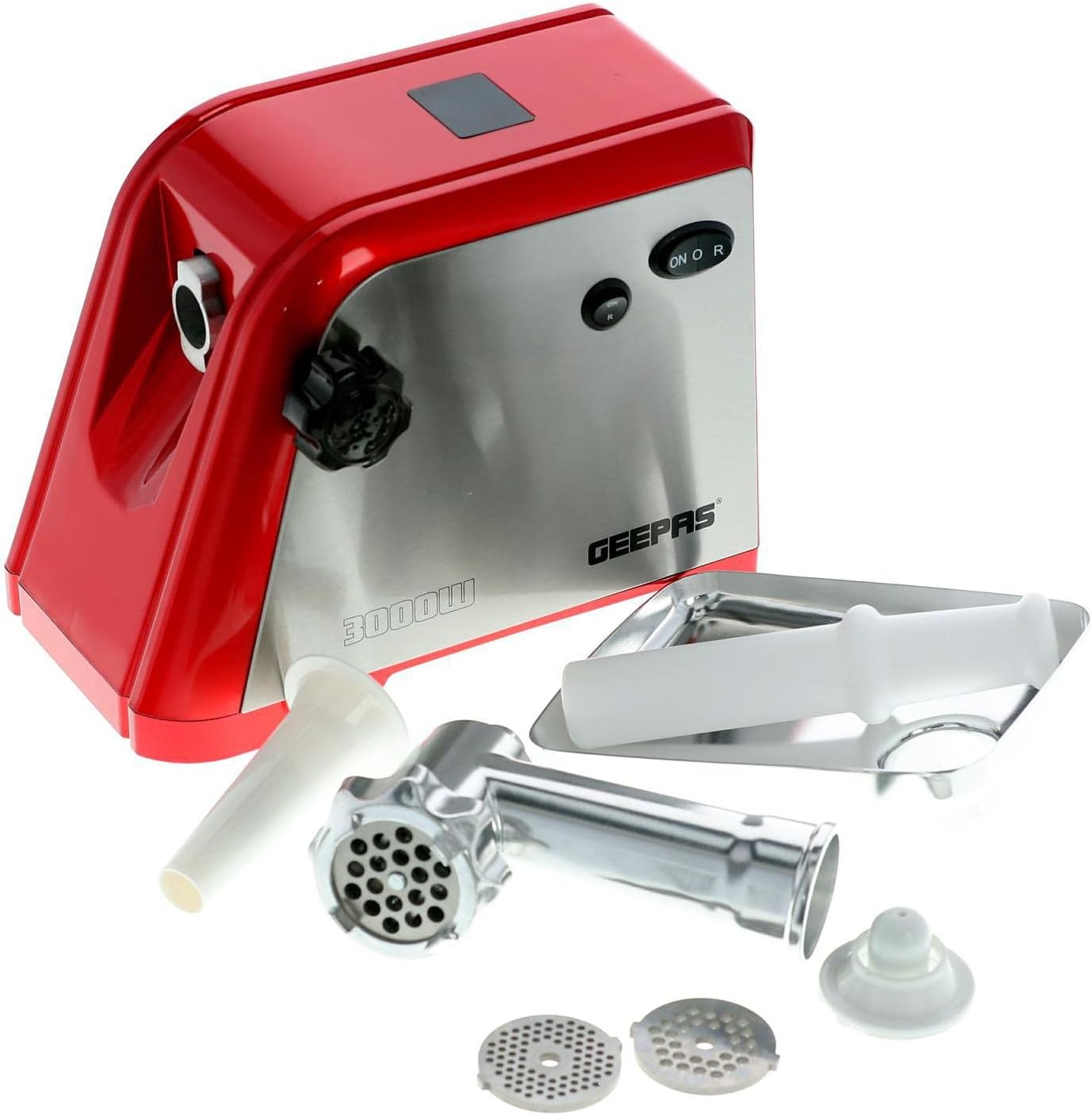 Geepas GMG1910 Electric Meat Grinder, 1600W Maximum Power, Full-Copper Motor, Aluminium Gearbox, Metal Gears, Reverse Function, 3 Stainless-Steel Cutting Plates, Sausage and Kubbe Accessories, Stainless-Steel Housing – 2-Year Warranty 3