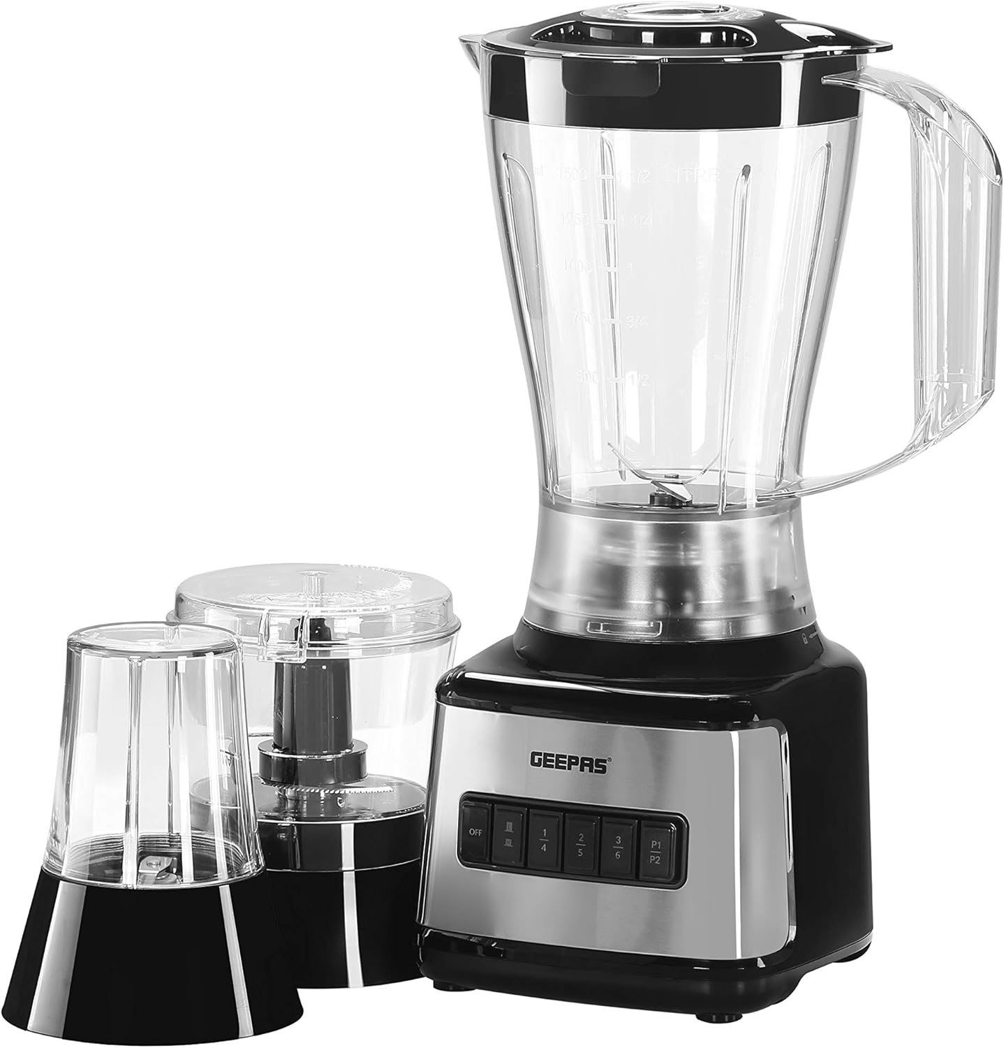 Geepas GSB44017 3-in-1 Blender, Mill and Chopper, 500W Copper Motor, 1.5L Plastic Jar, Stainless Steel Four-Blade System, Variable Speed Control with Pulse, Anti-Slip Feet, Black/Silver – 2 Year Warranty