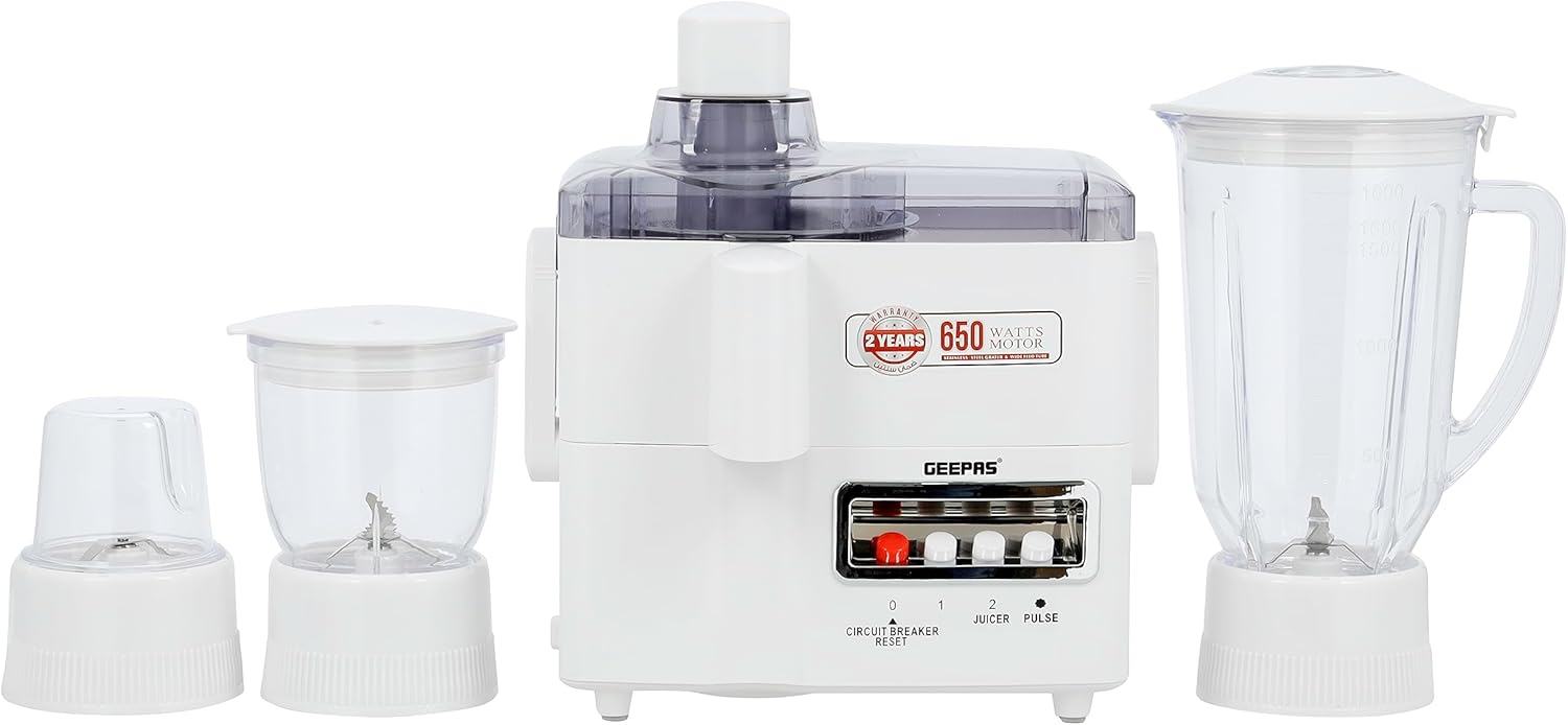 Geepas GSB6147 4-in-1 Food Processor, 650W Powerful Motor, 1.8L Blender Jar, Juicer, Grinder and Mincer, Stainless Steel Blades, 2 Speeds with Pulse, Overheat Protection, White – 2 Years Warranty