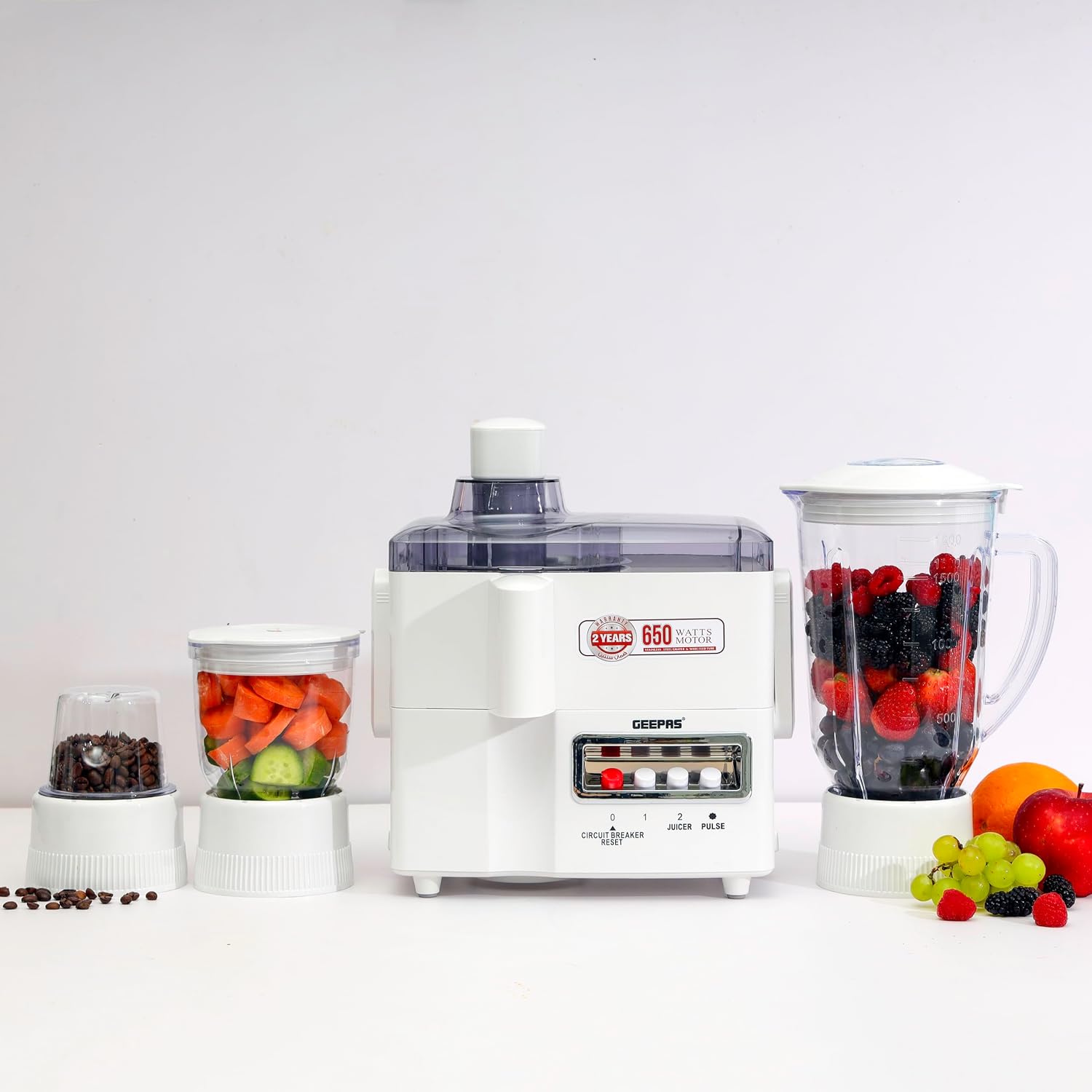 Geepas GSB6147 4-in-1 Food Processor, 650W Powerful Motor, 1.8L Blender Jar, Juicer, Grinder and Mincer, Stainless Steel Blades, 2 Speeds with Pulse, Overheat Protection, White – 2 Years Warranty 3