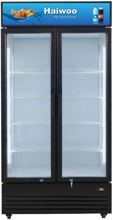 Haiwoo 1100L Gross / 879L Net Double-Door Commercial Showcase Chiller, Double-Layer Tempered Glass Doors, No Frost, Fan Cooling, Adjustable Thermostat, Vertical Interior Lighting, R134a Refrigerant, Self-Evaporating Drain Pan, Wheels, Black/White – HWCH-1100H