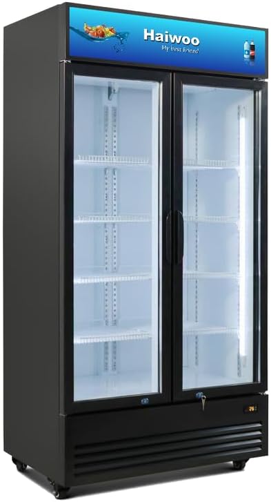 Haiwoo 1100L Gross / 879L Net Double-Door Commercial Showcase Chiller, Double-Layer Tempered Glass Doors, No Frost, Fan Cooling, Adjustable Thermostat, Vertical Interior Lighting, R134a Refrigerant, Self-Evaporating Drain Pan, Wheels, Black/White – HWCH-1100H