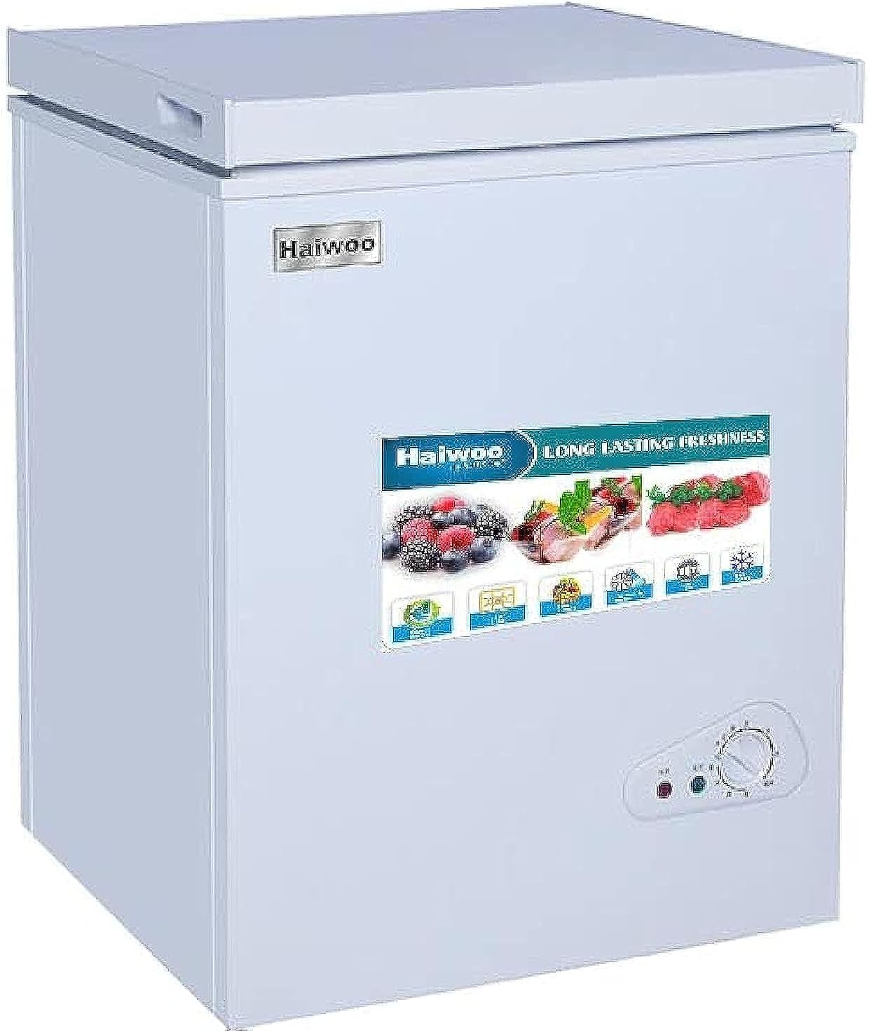 Haiwoo AMH007 Elite Series Chest Freezer, 150L Capacity, Aluminium Inner Cabinet, Storage Basket, Mechanical Temperature Control, Top-Opening Door, White