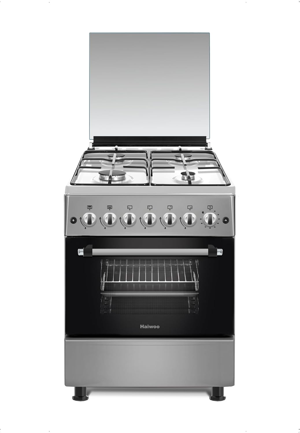 Haiwoo HCR6060-T1 Freestanding Full-Gas Cooking Range, 57 × 57cm, 4 Gas Burners, Automatic Ignition, Full Safety, Cast-Iron Pan Supports, Gas Oven and Grill, Rotisserie, Double Turbo Fans, Stainless-Steel Finish – Made in Türkiye