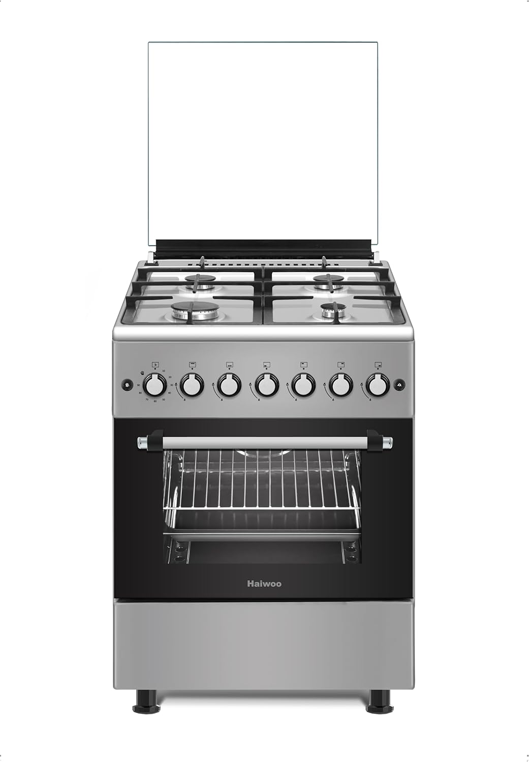 Haiwoo HCR6060HIX 60 × 60cm Freestanding Full Gas Cooking Range, 4 Euro Pool Gas Burners, Automatic Ignition, Flame-Failure Safety, Cast-Iron Pan Supports, Gas Oven and Grill, Rotisserie, Timer, Inox Finish – Made in Türkiye